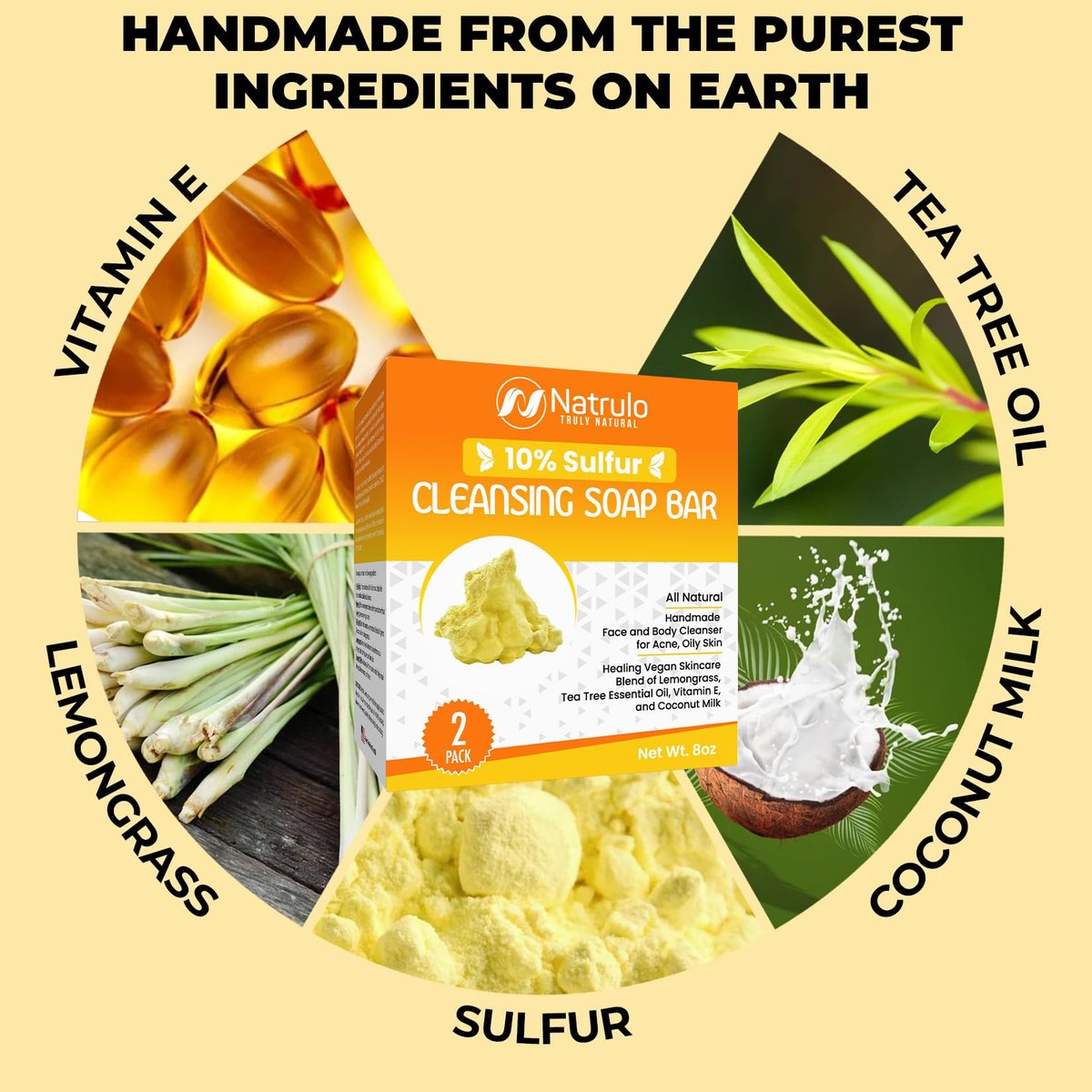 Natrulo 10% Sulfur Soap Cleansing Bar for Face & Body – All Natural Acne Treatment with Lemongrass, Tea Tree Oil & Vitamin E – Made in USA (4 oz, Pack of 2) - görsel 8