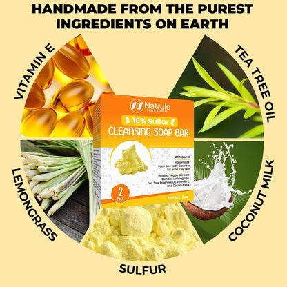 Natrulo 10% Sulfur Soap Cleansing Bar for Face & Body – All Natural Acne Treatment with Lemongrass, Tea Tree Oil & Vitamin E – Made in USA (4 oz, Pack of 2)