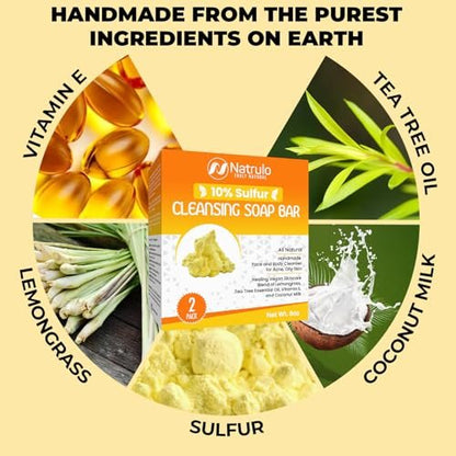 Natrulo 10% Sulfur Soap Cleansing Bar for Face & Body – All Natural Acne Treatment with Lemongrass, Tea Tree Oil & Vitamin E – Made in USA (4 oz, Pack of 2)