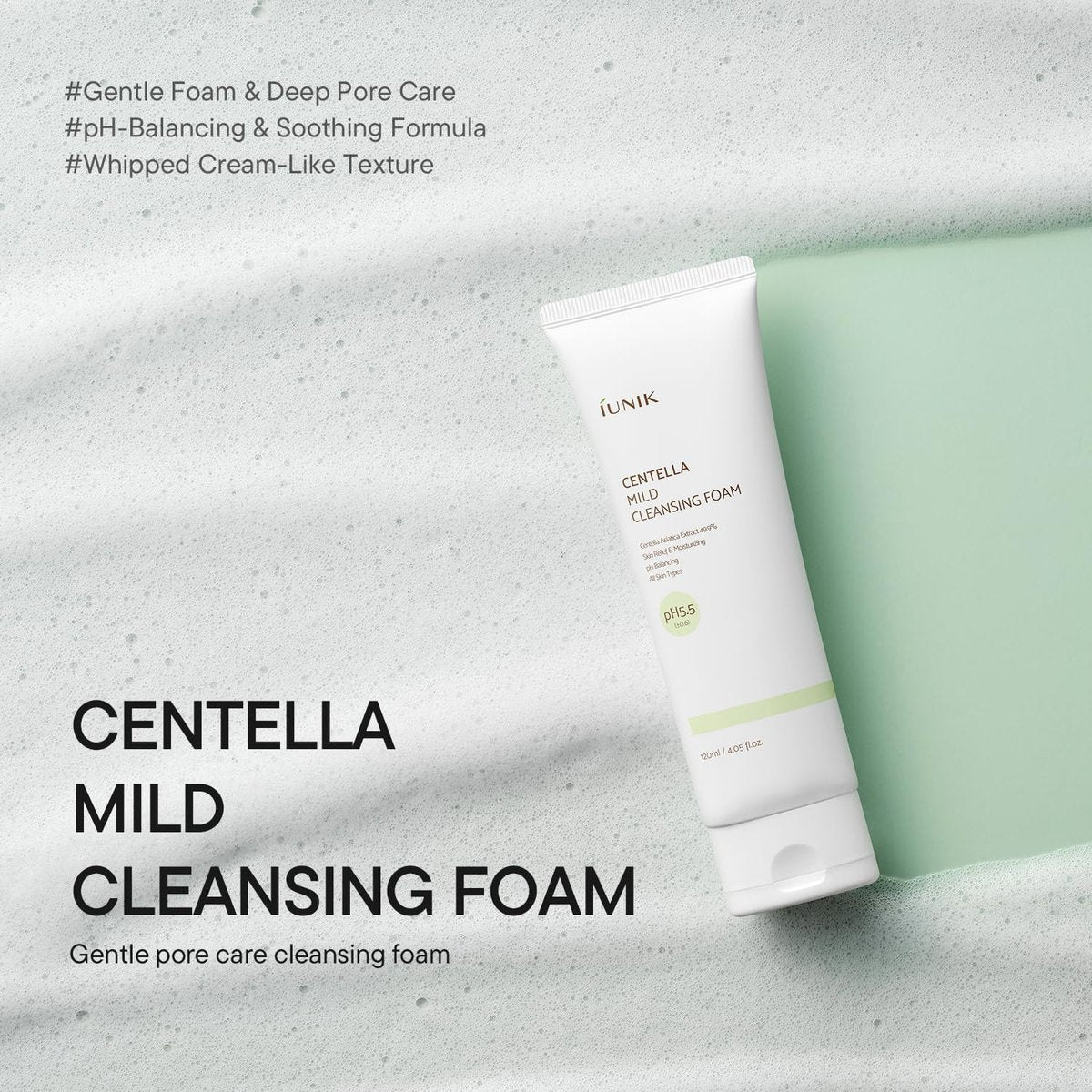IUNIK Centella Mild Cleansing Foam – pH-Balancing Gentle Facial Cleanser with Centella Asiatica & BHA for Soothing, Moisture Care – Korean Skincare for Oily, Dry & Sensitive Skin (4.05 oz) Avelisse