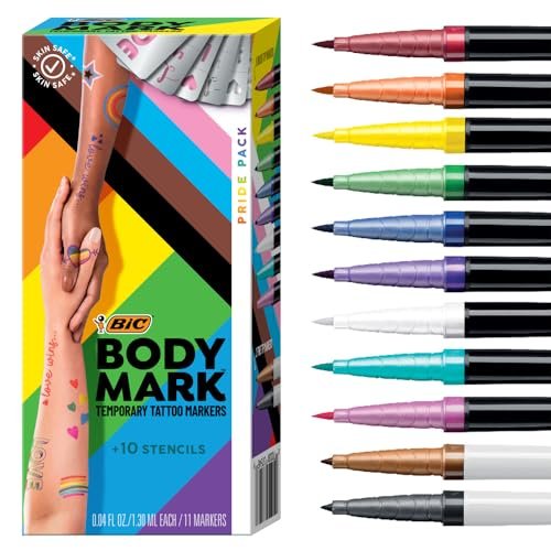 BIC BodyMark Temporary Tattoo Markers, Pride Pack, 11-Count Assorted Colors, Skin-Safe Brush Tip Avelisse