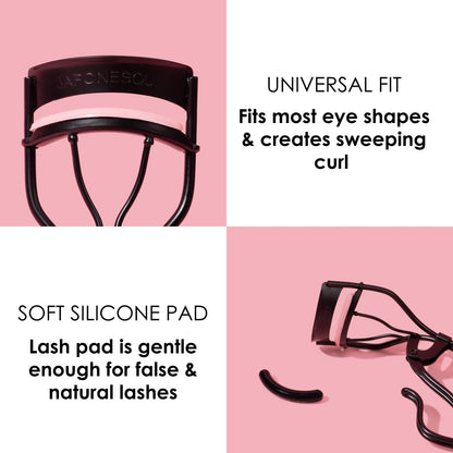 JAPONESQUE Professional Volumizing Lash Curler – Long-Lasting Curl for Natural & False Lashes, Fits Most Eye Shapes & Large Eyes, Includes 1 Refill Pad