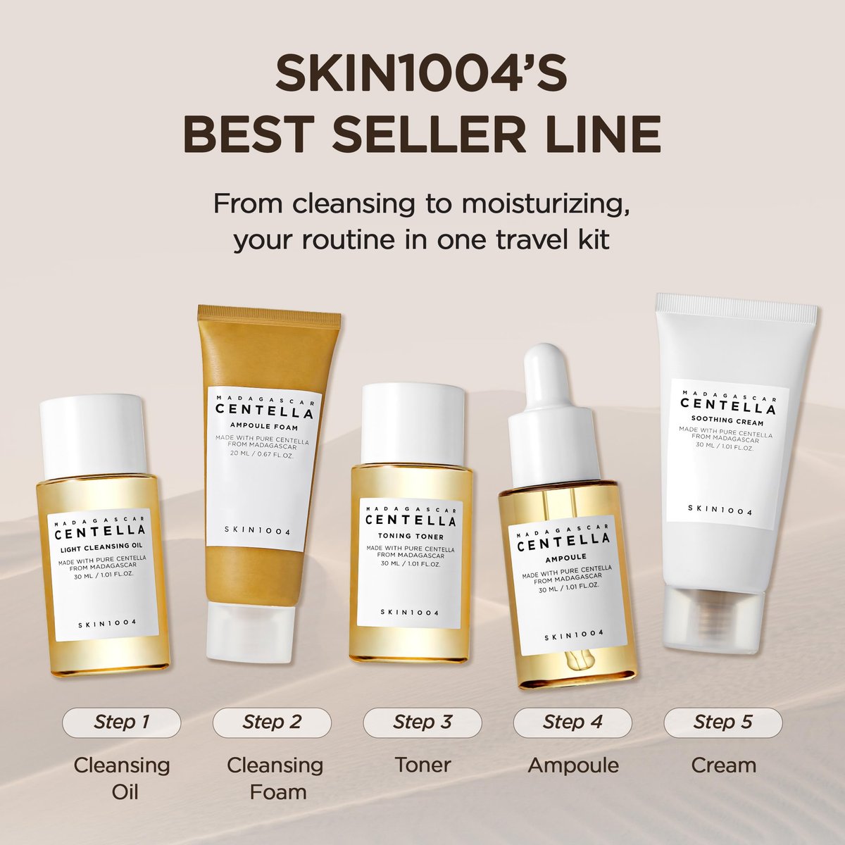 SKIN1004 Centella Travel Kit - Korean Skincare Set with Toner, Moisturizer, Serum, Cleansing Oil & Cleanser - Travel Size for Sensitive Skin Avelisse