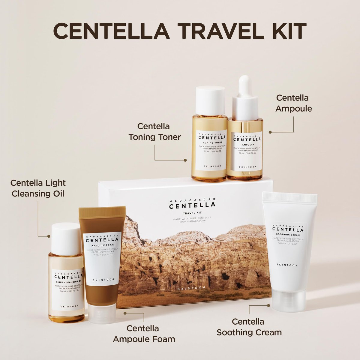 SKIN1004 Centella Travel Kit - Korean Skincare Set with Toner, Moisturizer, Serum, Cleansing Oil & Cleanser - Travel Size for Sensitive Skin Avelisse