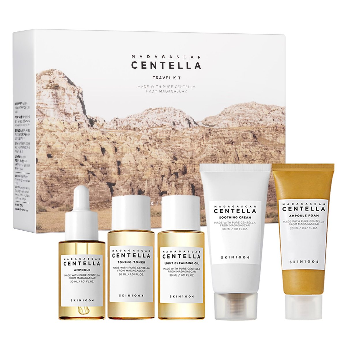 SKIN1004 Centella Travel Kit - Korean Skincare Set with Toner, Moisturizer, Serum, Cleansing Oil & Cleanser - Travel Size for Sensitive Skin Avelisse