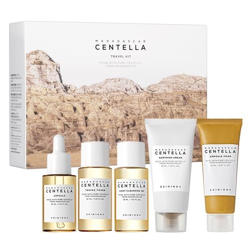 SKIN1004 Centella Travel Kit - Korean Skincare Set with Toner, Moisturizer, Serum, Cleansing Oil & Cleanser - Travel Size for Sensitive Skin Avelisse