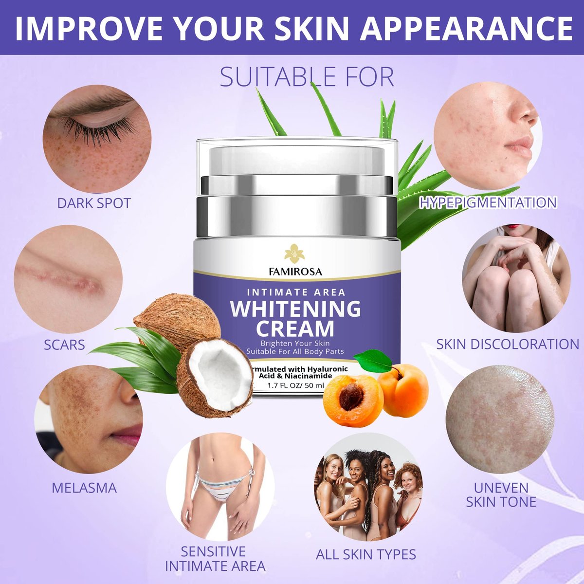 FAMIROSA Intimate Area Dark Spot Corrector - Underarm Cream for Armpit, Knees, Elbows, Inner Thigh, Private Parts - Intimate Skin Cream 50 ml Avelisse
