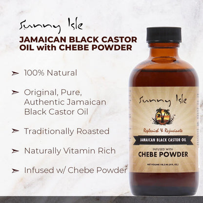 Sunny Isle Jamaican Black Castor Oil with Chebe Powder - 4 oz for Hair Growth & Moisture