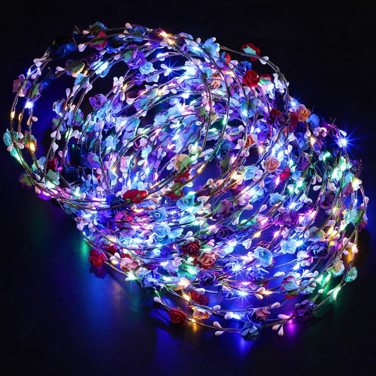 Janinka 70 Pcs LED Flower Crown Light Up Wreath Headband Hair Accessories Crown Luminous Head Band Tiara Glow Floral Headpiece Flower Headdress for Women Wedding Party