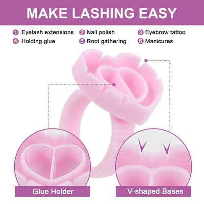100 Pack Pink Glue Rings for Eyelash Extensions – Disposable Lash Glue Holder Rings