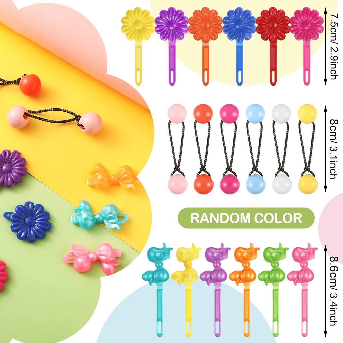 Giegxin 60 Pcs Self Hinge Hair Barrettes Ball Bubble Hair Accessories for Girls Set Plastic Girls Barrettes Clips Assorted Elastic Ponytail Holder Toddler Ball Ties (Lovely Style) - görsel 3
