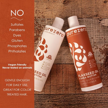 Purezero Flaxseed Oil & Shea Butter Shampoo and Conditioner Set - Curl Care - For Curly Hair Detangle & Defrizz - Zero Sulfates/Parabens/Dyes - 100% Vegan & Cruelty Free - Great For Color Treated Hair - 24 oz Each Avelisse