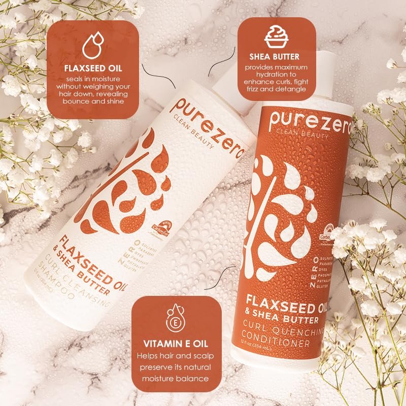 Purezero Flaxseed Oil & Shea Butter Shampoo and Conditioner Set - Curl Care - For Curly Hair Detangle & Defrizz - Zero Sulfates/Parabens/Dyes - 100% Vegan & Cruelty Free - Great For Color Treated Hair - 24 oz Each Avelisse