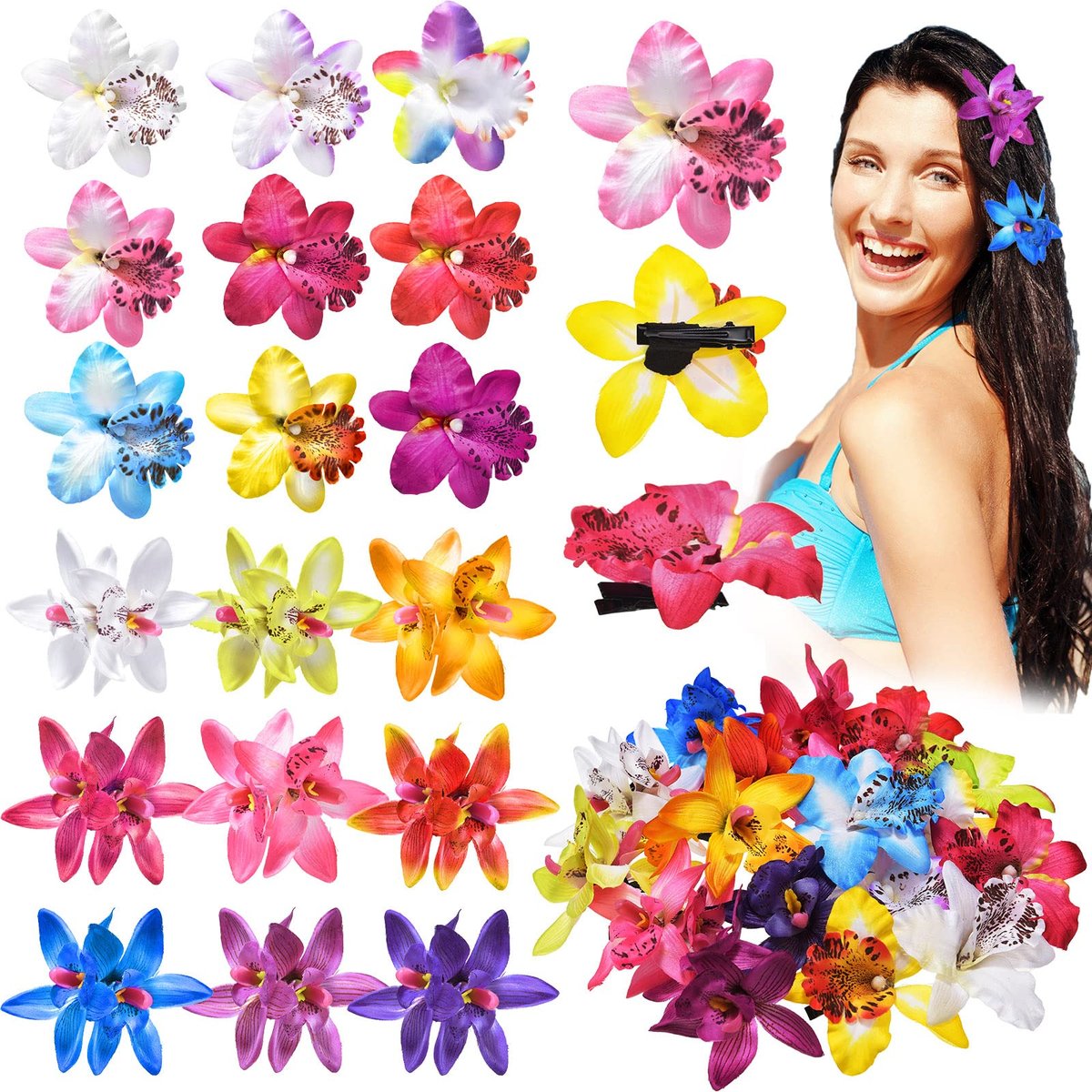 Jexine 18 Pcs Hawaiian Flower Hair Clips – Tropical Hibiscus Hair Pins for Women, Double Chiffon Flower Hair Accessories for Bridal, Wedding, and Daily Use Avelisse