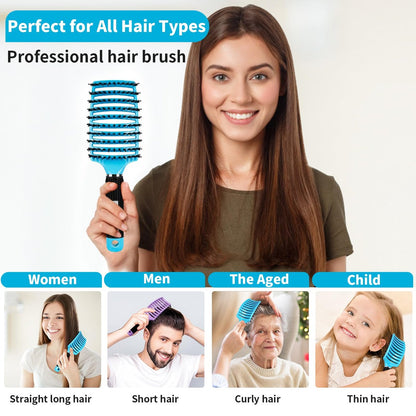 HIPPIH 2 Pack Boar Bristle Hair Brush - Wet & Dry No Pull Curved Vented Hairbrush for Women, Men & Kids - Adds Shine & Smoothness for Curly, Thick, Fine Hair - Blue & Purple
