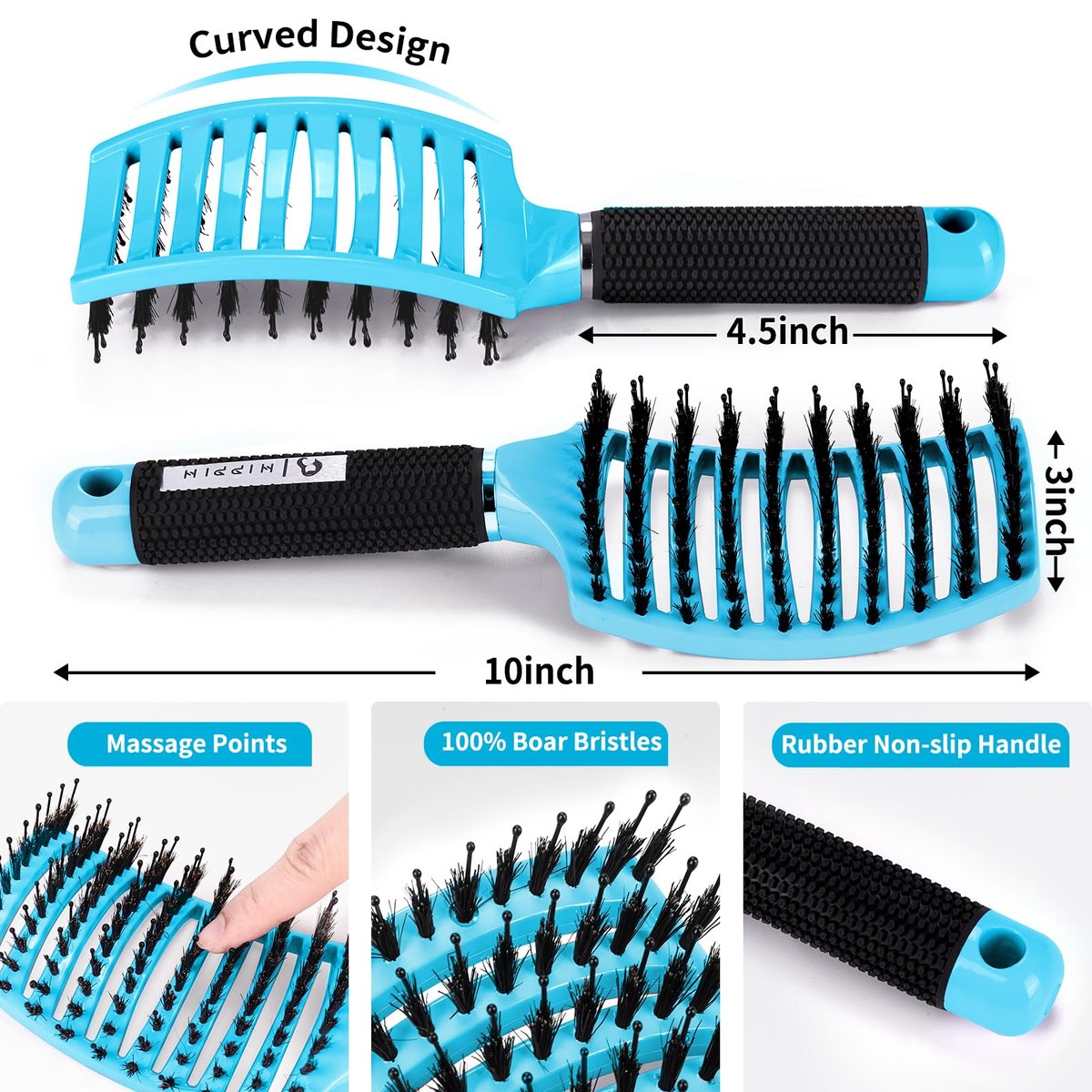 HIPPIH 2 Pack Boar Bristle Hair Brush - Wet & Dry No Pull Curved Vented Hairbrush for Women, Men & Kids - Adds Shine & Smoothness for Curly, Thick, Fine Hair - Blue & Purple - görsel 3