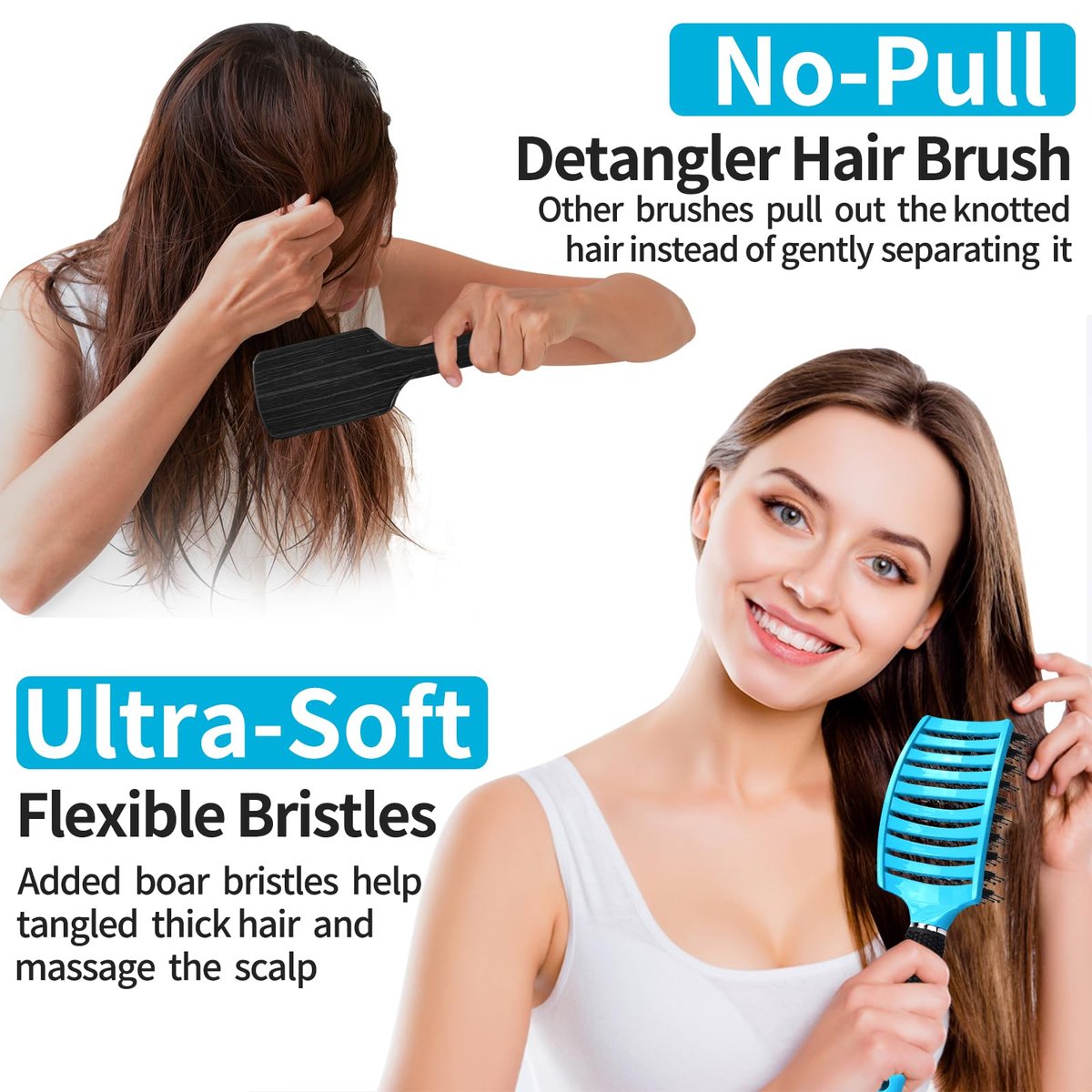 HIPPIH 2 Pack Boar Bristle Hair Brush - Wet & Dry No Pull Curved Vented Hairbrush for Women, Men & Kids - Adds Shine & Smoothness for Curly, Thick, Fine Hair - Blue & Purple - görsel 5