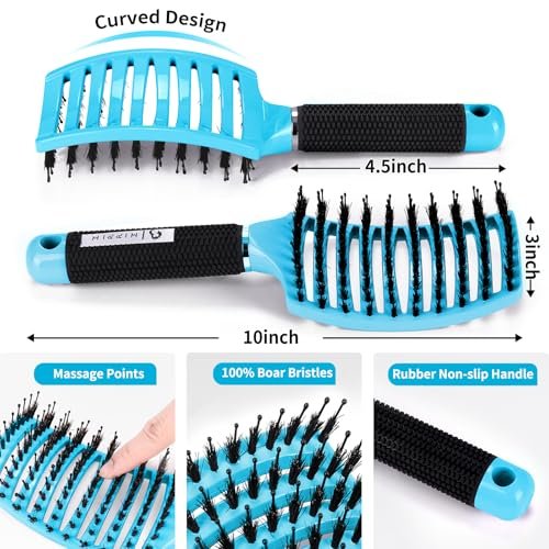 HIPPIH 2 Pack Boar Bristle Hair Brush - Wet & Dry No Pull Curved Vented Hairbrush for Women, Men & Kids - Adds Shine & Smoothness for Curly, Thick, Fine Hair - Blue & Purple - görsel 4