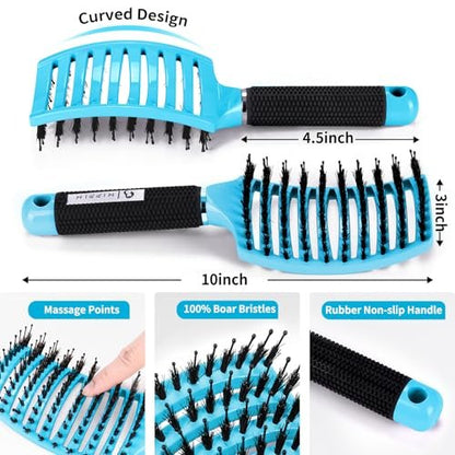 HIPPIH 2 Pack Boar Bristle Hair Brush - Wet & Dry No Pull Curved Vented Hairbrush for Women, Men & Kids - Adds Shine & Smoothness for Curly, Thick, Fine Hair - Blue & Purple