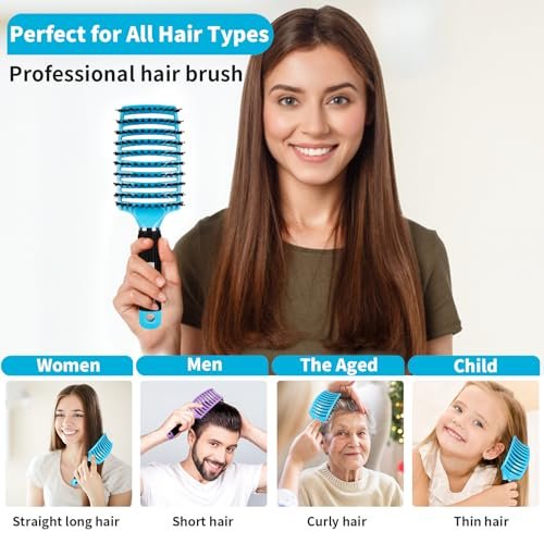 HIPPIH 2 Pack Boar Bristle Hair Brush - Wet & Dry No Pull Curved Vented Hairbrush for Women, Men & Kids - Adds Shine & Smoothness for Curly, Thick, Fine Hair - Blue & Purple - görsel 8