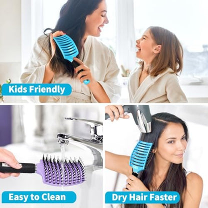 HIPPIH 2 Pack Boar Bristle Hair Brush - Wet & Dry No Pull Curved Vented Hairbrush for Women, Men & Kids - Adds Shine & Smoothness for Curly, Thick, Fine Hair - Blue & Purple