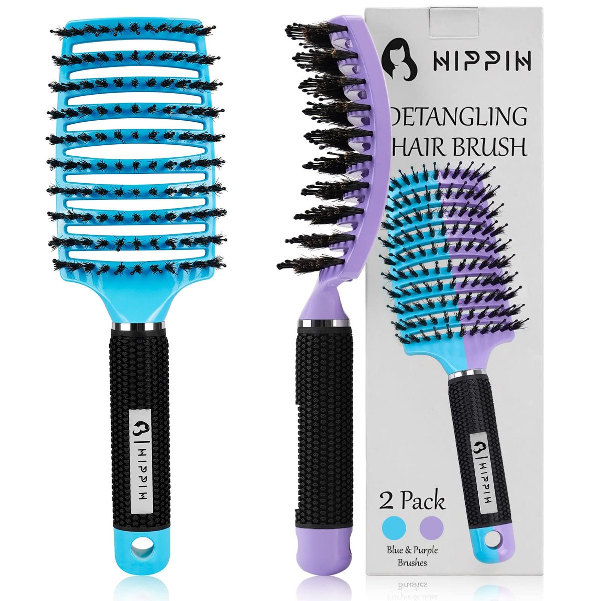 HIPPIH 2 Pack Boar Bristle Hair Brush - Wet & Dry No Pull Curved Vented Hairbrush for Women, Men & Kids - Adds Shine & Smoothness for Curly, Thick, Fine Hair - Blue & Purple - görsel 1