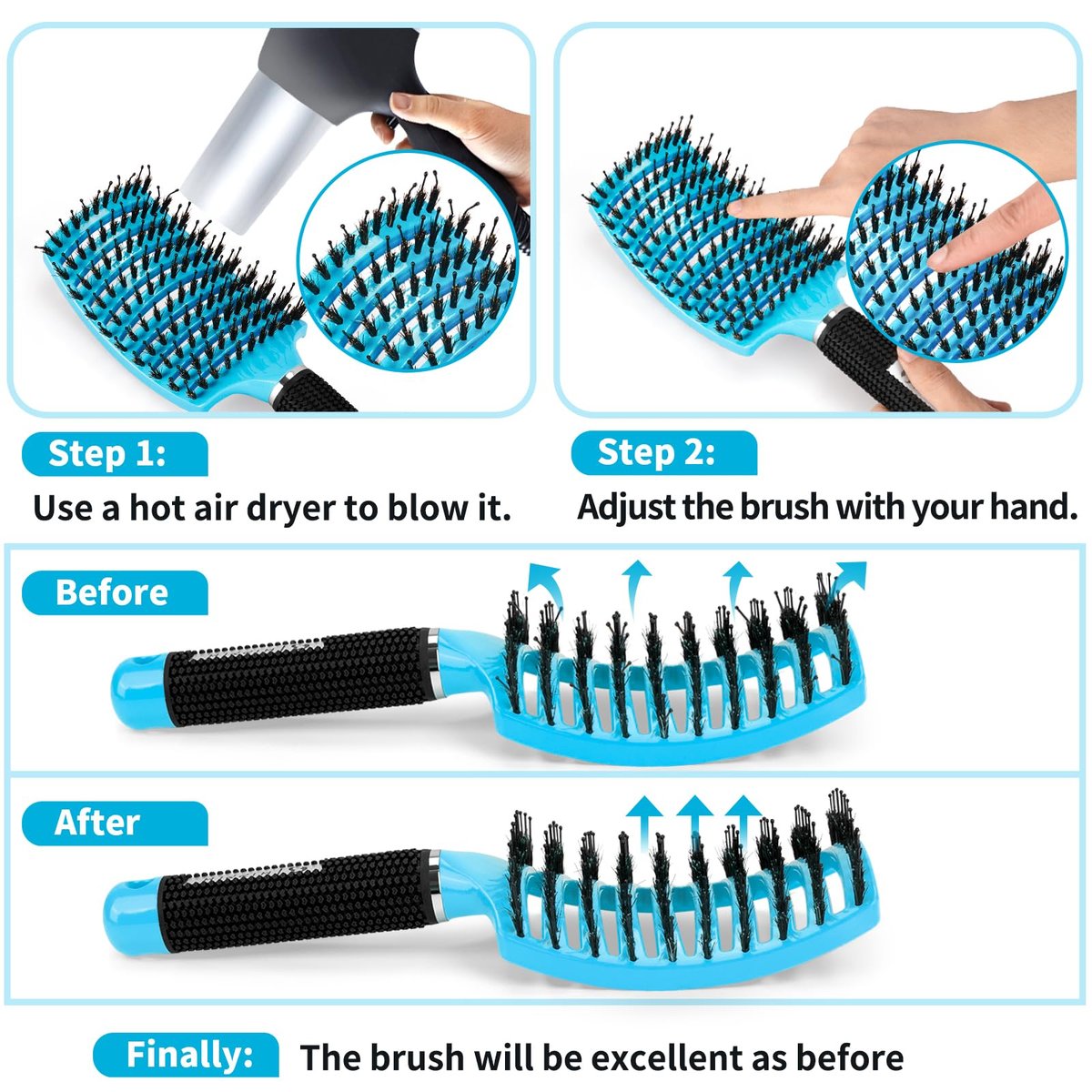 HIPPIH 2 Pack Boar Bristle Hair Brush - Wet & Dry No Pull Curved Vented Hairbrush for Women, Men & Kids - Adds Shine & Smoothness for Curly, Thick, Fine Hair - Blue & Purple - görsel 15