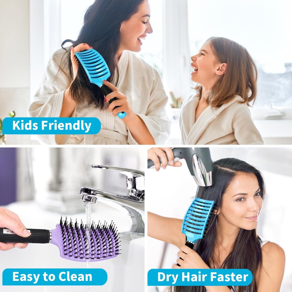 HIPPIH 2 Pack Boar Bristle Hair Brush - Wet & Dry No Pull Curved Vented Hairbrush for Women, Men & Kids - Adds Shine & Smoothness for Curly, Thick, Fine Hair - Blue & Purple - görsel 13