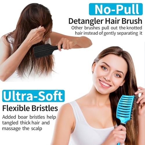 HIPPIH 2 Pack Boar Bristle Hair Brush - Wet & Dry No Pull Curved Vented Hairbrush for Women, Men & Kids - Adds Shine & Smoothness for Curly, Thick, Fine Hair - Blue & Purple - görsel 6