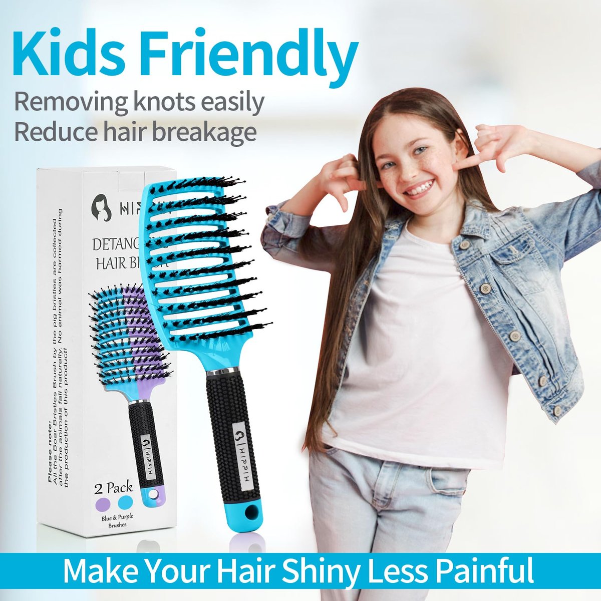 HIPPIH 2 Pack Boar Bristle Hair Brush - Wet & Dry No Pull Curved Vented Hairbrush for Women, Men & Kids - Adds Shine & Smoothness for Curly, Thick, Fine Hair - Blue & Purple - görsel 11