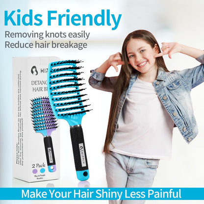 HIPPIH 2 Pack Boar Bristle Hair Brush - Wet & Dry No Pull Curved Vented Hairbrush for Women, Men & Kids - Adds Shine & Smoothness for Curly, Thick, Fine Hair - Blue & Purple