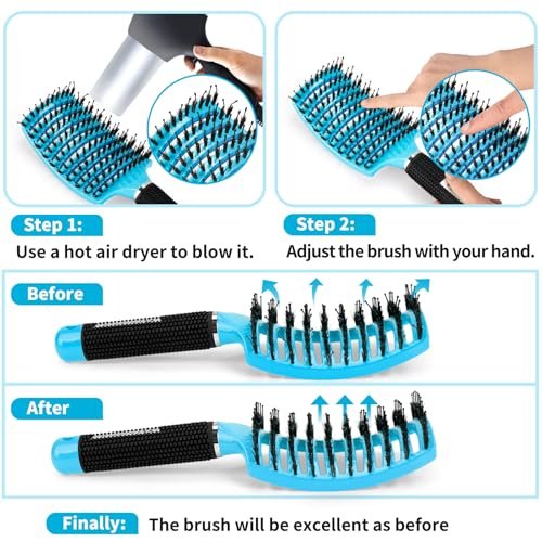 HIPPIH 2 Pack Boar Bristle Hair Brush - Wet & Dry No Pull Curved Vented Hairbrush for Women, Men & Kids - Adds Shine & Smoothness for Curly, Thick, Fine Hair - Blue & Purple - görsel 16