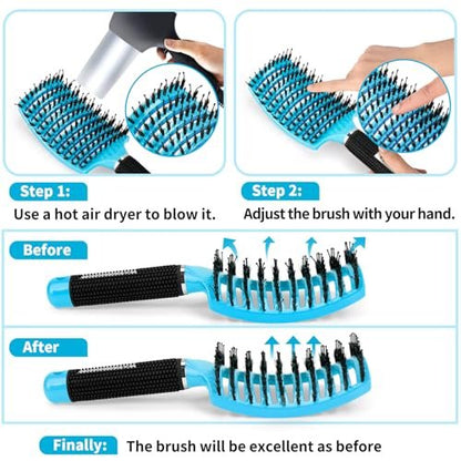 HIPPIH 2 Pack Boar Bristle Hair Brush - Wet & Dry No Pull Curved Vented Hairbrush for Women, Men & Kids - Adds Shine & Smoothness for Curly, Thick, Fine Hair - Blue & Purple