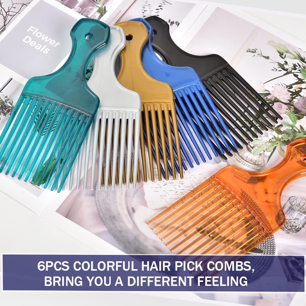 6 Pack Wide Tooth Afro Picks for Curly Hairstyling - 6.3 Inch Plastic Combs for Women and Men (6 Colors) - görsel 9