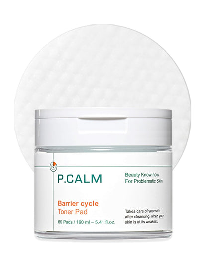 P.CALM Barrier Cycle Toner Pad – 60 Pads with Centella Asiatica & Papaya Extract for Soothing, Moisturizing & Exfoliating, Korean Vegan Facial Toner Pads for Sensitive Skin (160ml / 5.41 fl.oz)