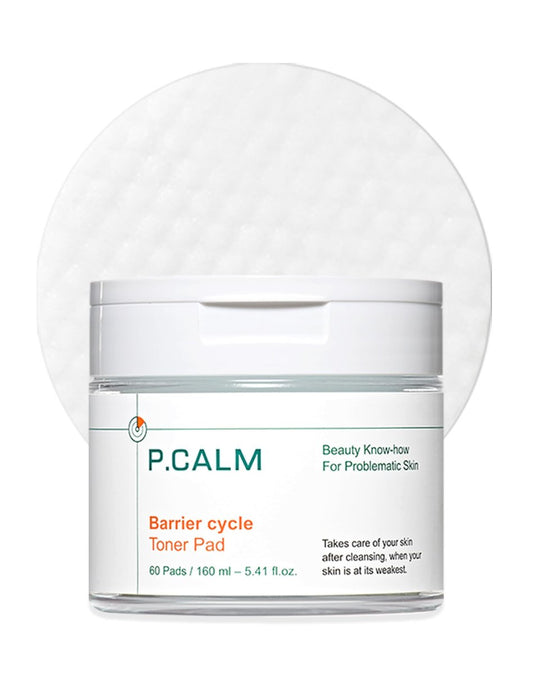 P.CALM Barrier Cycle Toner Pad – 60 Pads with Centella Asiatica & Papaya Extract for Soothing, Moisturizing & Exfoliating, Korean Vegan Facial Toner Pads for Sensitive Skin (160ml / 5.41 fl.oz)