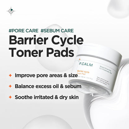 P.CALM Barrier Cycle Toner Pad – 60 Pads with Centella Asiatica & Papaya Extract for Soothing, Moisturizing & Exfoliating, Korean Vegan Facial Toner Pads for Sensitive Skin (160ml / 5.41 fl.oz)