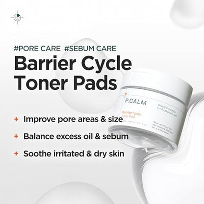 P.CALM Barrier Cycle Toner Pad – 60 Pads with Centella Asiatica & Papaya Extract for Soothing, Moisturizing & Exfoliating, Korean Vegan Facial Toner Pads for Sensitive Skin (160ml / 5.41 fl.oz)