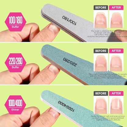 Teenitor 12pcs Nail Files and Buffers Kit - 100/180 Grit Emery Boards for Natural Nails, Nail Buffer Block Set for Women