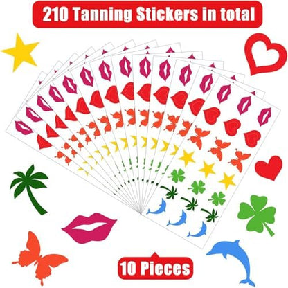 Chinco 210-Piece Tanning Stickers for Body - Sun Tattoo Stickers for Tanning Bed, Perforated Self-Adhesive Body Decals, Heart Lips Butterfly Dolphin Designs