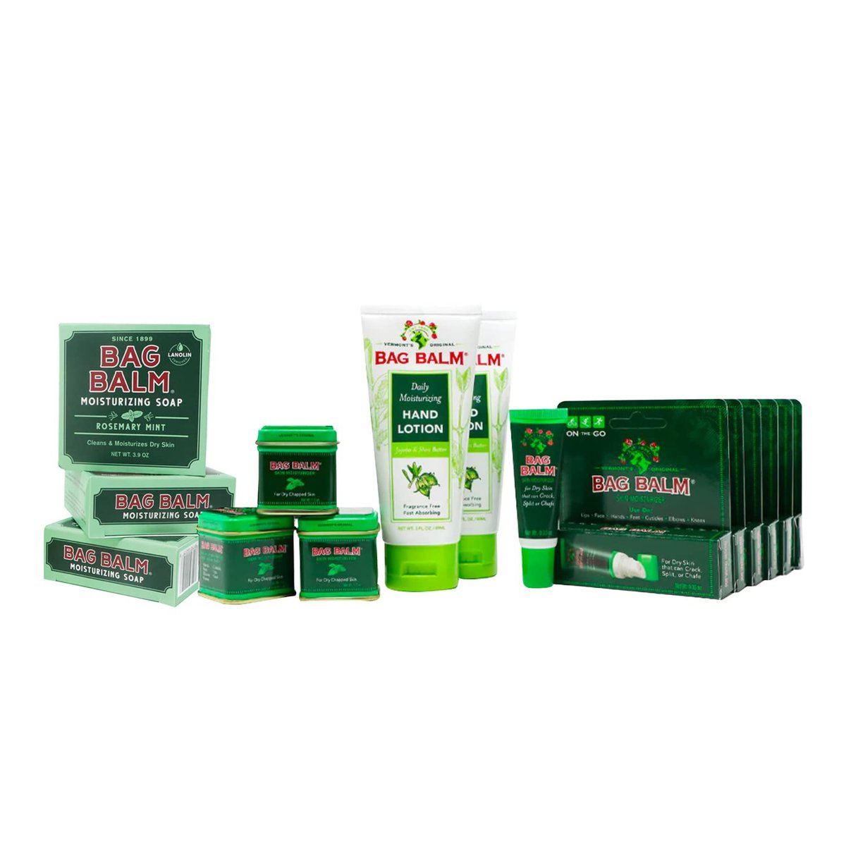 Vermont's Original Bag Balm Family Bundle for Dry and Distressed Skin | Lip Balm, Hand Lotion, Moisturizing Soap and Skin Moisturizer - görsel 1