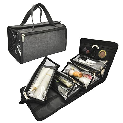 Jula Vance Large Capacity Hanging Eco Polyester Travel Toiletry Bag - 4-in-1 Roll-Up Makeup Organizer with 4 Detachable Clear TPU Pouches & Hook Avelisse