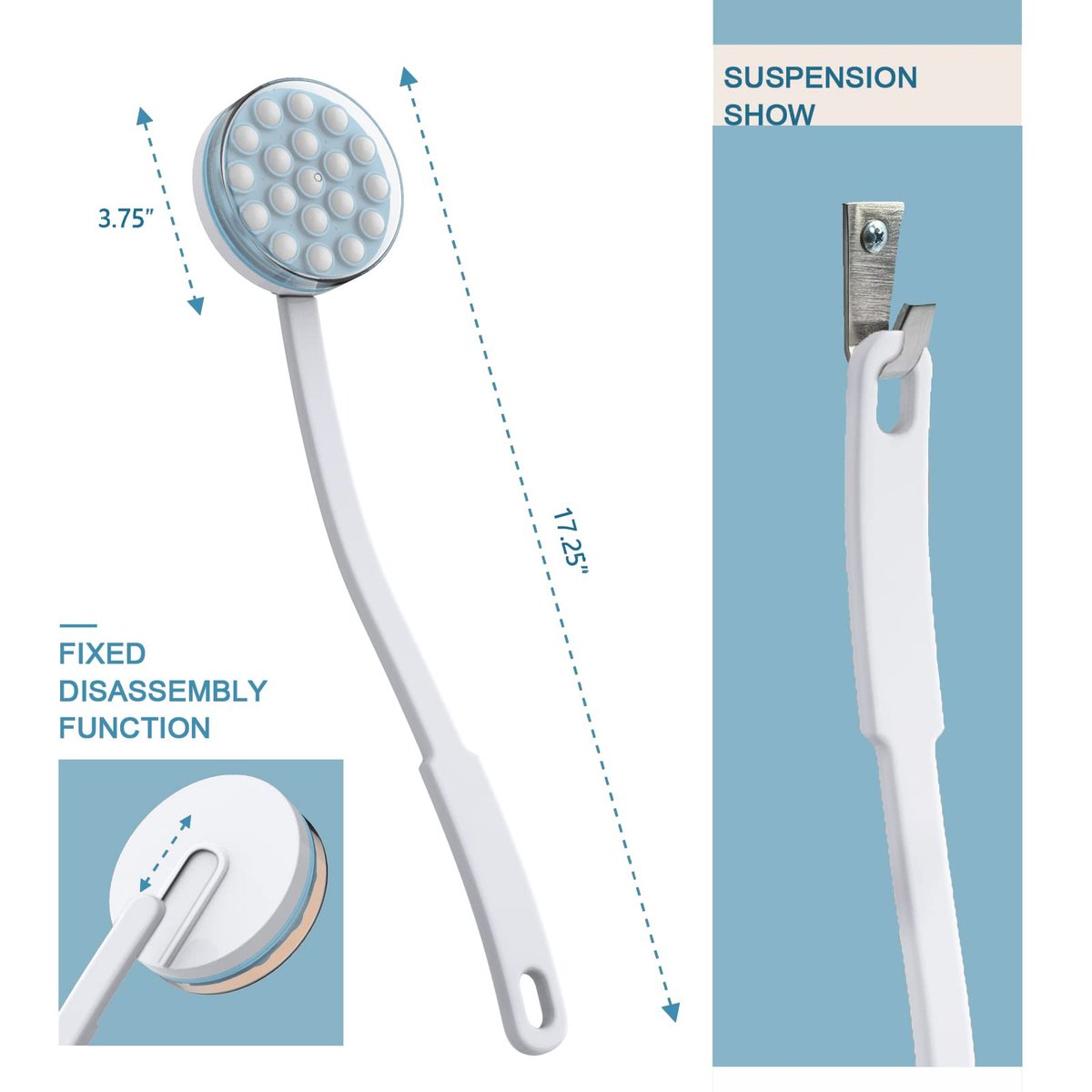 Yiesoum Back Lotion Applicator and Massager – Long Handled Body Brush for Sunscreen, Cream, Shower Gel – Easy Reach for Back, Legs, Feet – Self-Handled Roll-On Dispenser (Blue & White, 17.25 Inch) - görsel 5