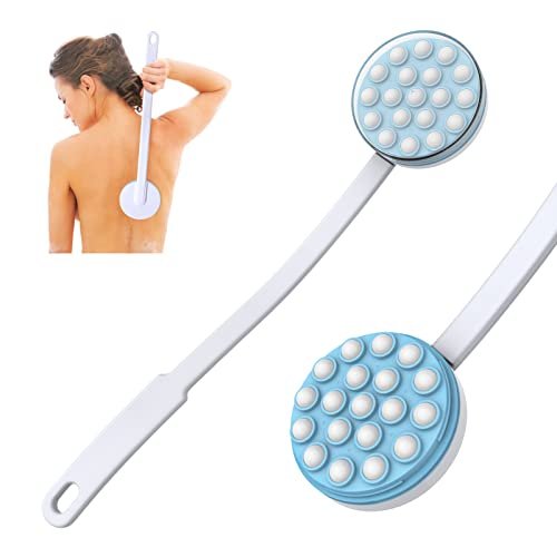 Yiesoum Back Lotion Applicator and Massager – Long Handled Body Brush for Sunscreen, Cream, Shower Gel – Easy Reach for Back, Legs, Feet – Self-Handled Roll-On Dispenser (Blue & White, 17.25 Inch) - görsel 2
