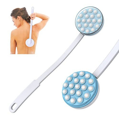 Yiesoum Back Lotion Applicator and Massager – Long Handled Body Brush for Sunscreen, Cream, Shower Gel – Easy Reach for Back, Legs, Feet – Self-Handled Roll-On Dispenser (Blue & White, 17.25 Inch)