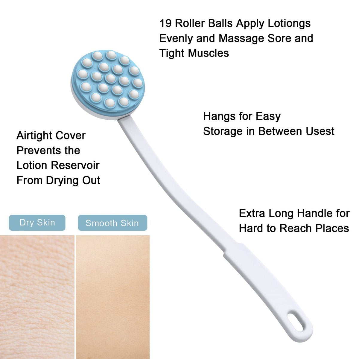 Yiesoum Back Lotion Applicator and Massager – Long Handled Body Brush for Sunscreen, Cream, Shower Gel – Easy Reach for Back, Legs, Feet – Self-Handled Roll-On Dispenser (Blue & White, 17.25 Inch) - görsel 7