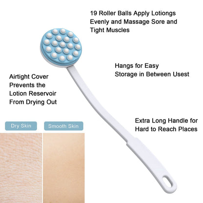 Yiesoum Back Lotion Applicator and Massager – Long Handled Body Brush for Sunscreen, Cream, Shower Gel – Easy Reach for Back, Legs, Feet – Self-Handled Roll-On Dispenser (Blue & White, 17.25 Inch)