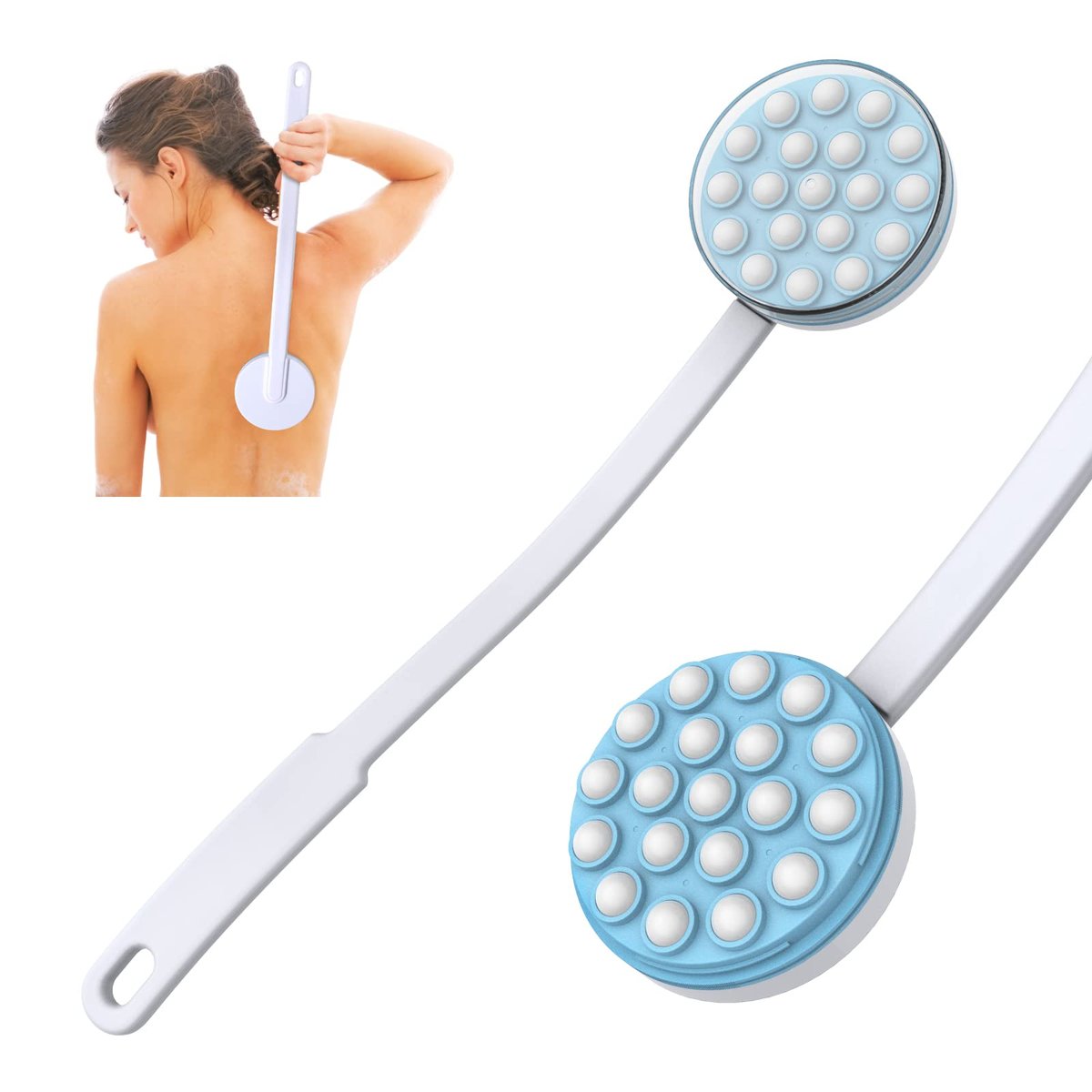 Yiesoum Back Lotion Applicator and Massager – Long Handled Body Brush for Sunscreen, Cream, Shower Gel – Easy Reach for Back, Legs, Feet – Self-Handled Roll-On Dispenser (Blue & White, 17.25 Inch) - görsel 1