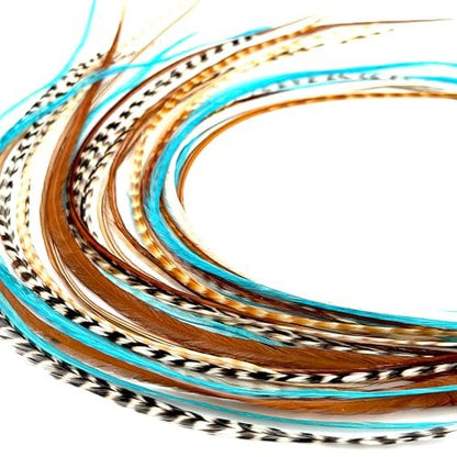 21 Natural & Turquoise Color Feather Hair Extensions – 9”–14” Long – DIY Rooster Kit with 20 Micro-Link Beads – 100% Real Feathers – Eye-Catching Boho Style Avelisse