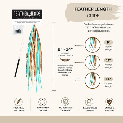 21 Natural & Turquoise Color Feather Hair Extensions – 9”–14” Long – DIY Rooster Kit with 20 Micro-Link Beads – 100% Real Feathers – Eye-Catching Boho Style Avelisse